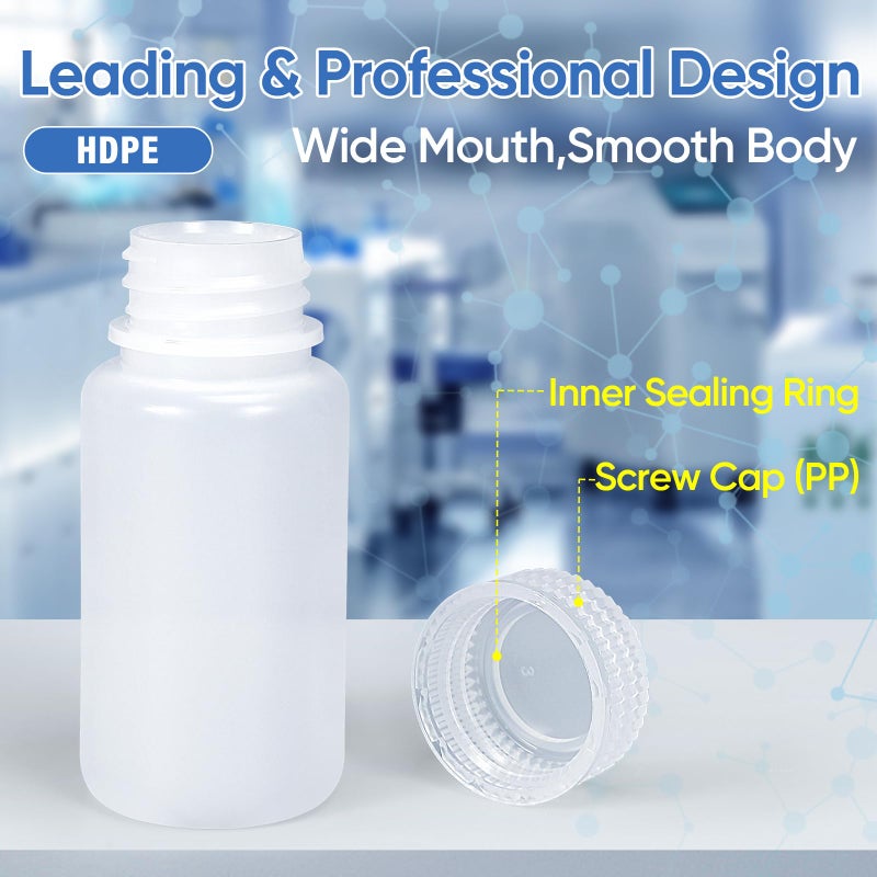 DEMORA 2 oz Small Plastic Bottles with Caps, Airtight Refillable Wide Mouth Travel Bottles for Toiletries, HDPE Food Grade Plastic Containers for Liquids Pill Sample Lab Reagent (Translucent, 4 Pcs) - Image 2